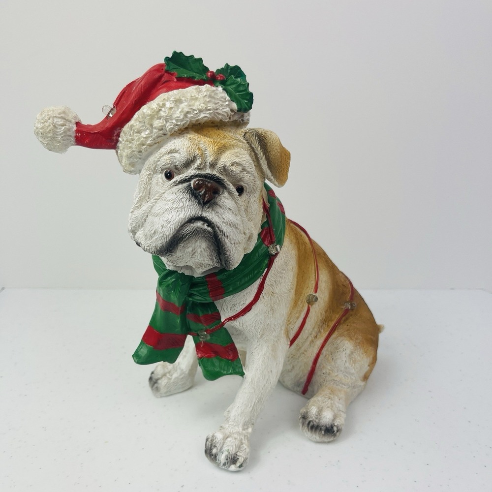 Christmas Santa Hat Bulldog Dog Ornament Decor Holiday Home Pet Puppy Lights Up